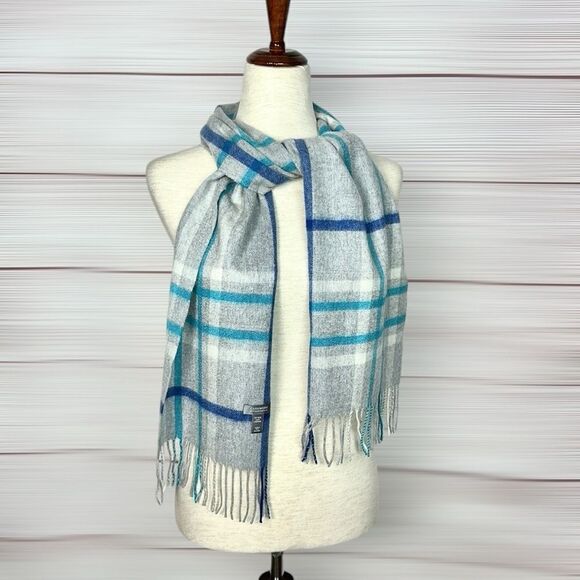 Charter Club Cashmere Scarf Gray Blue Plaid with Fringes Women’s Men’s - Picture 6 of 9